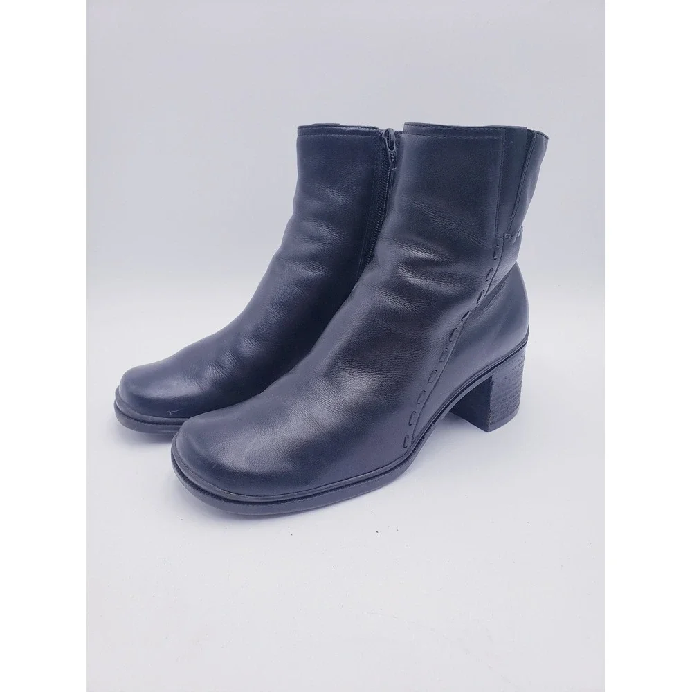Vintage 90s Croft Barrow Ankle‎ Boots Black Leather Square Toe Block Heel Size 7